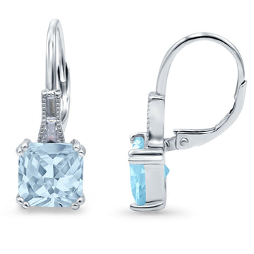 Cushion Cut Dangling Leverback Wedding Earrings Simulated Aquamarine CZ 925 Sterling Silver (15mm)
